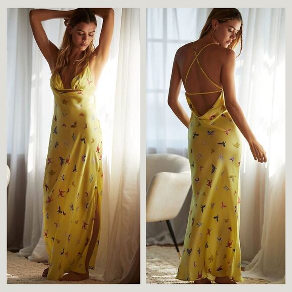NWT Anthropologie Silk Cutout Yellow Maxi Dress - Large - Picture 1 of 6